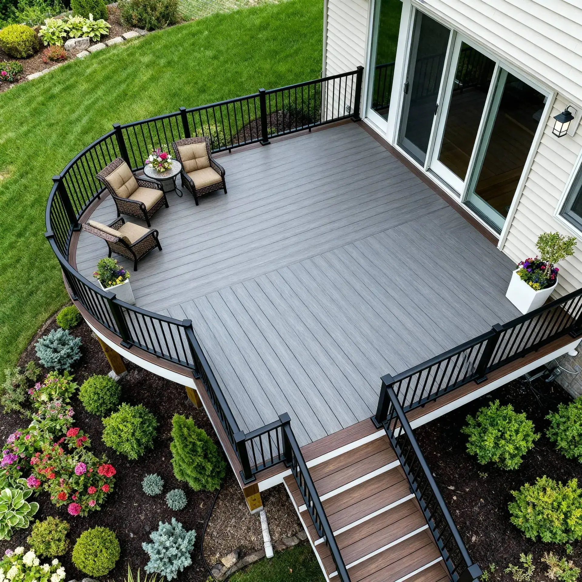 Aerial view of a composite deck with seating and landscaping