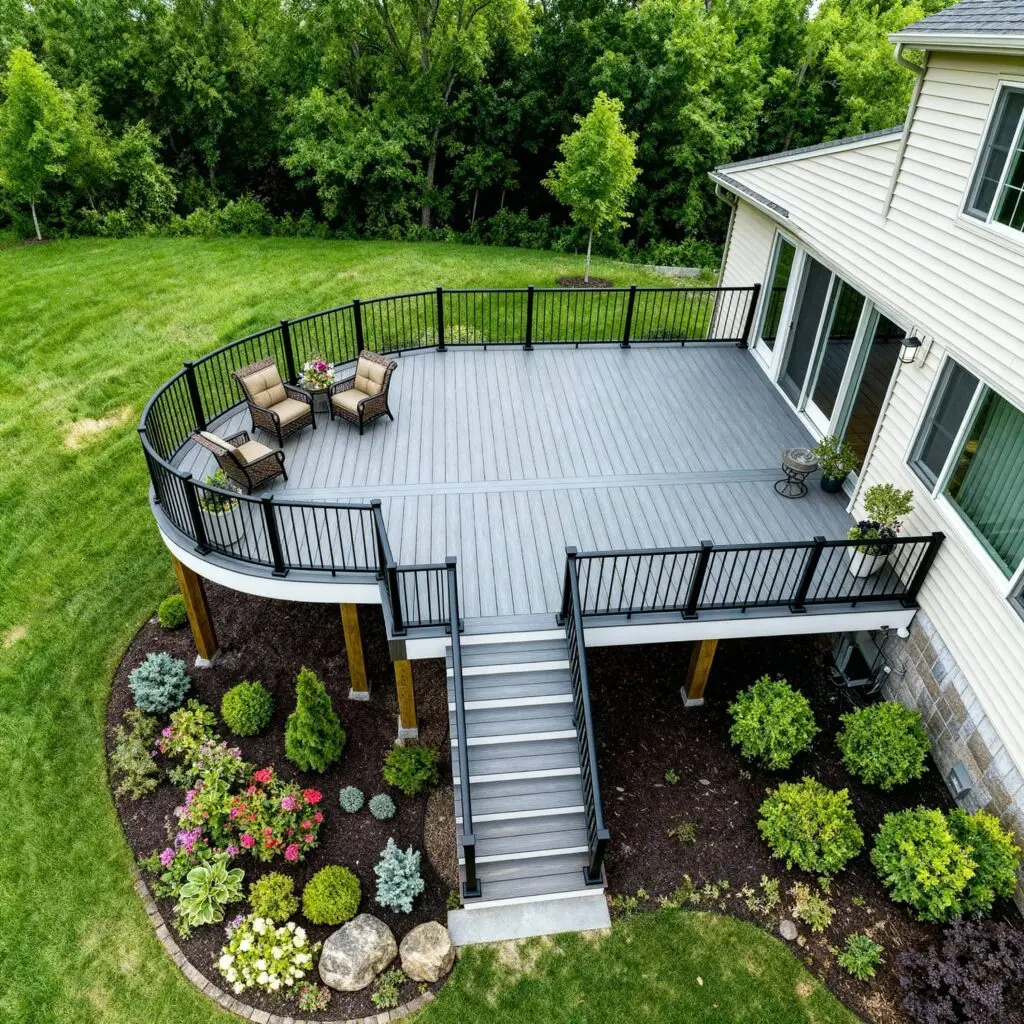 Aerial view of a curved composite deck with black railing