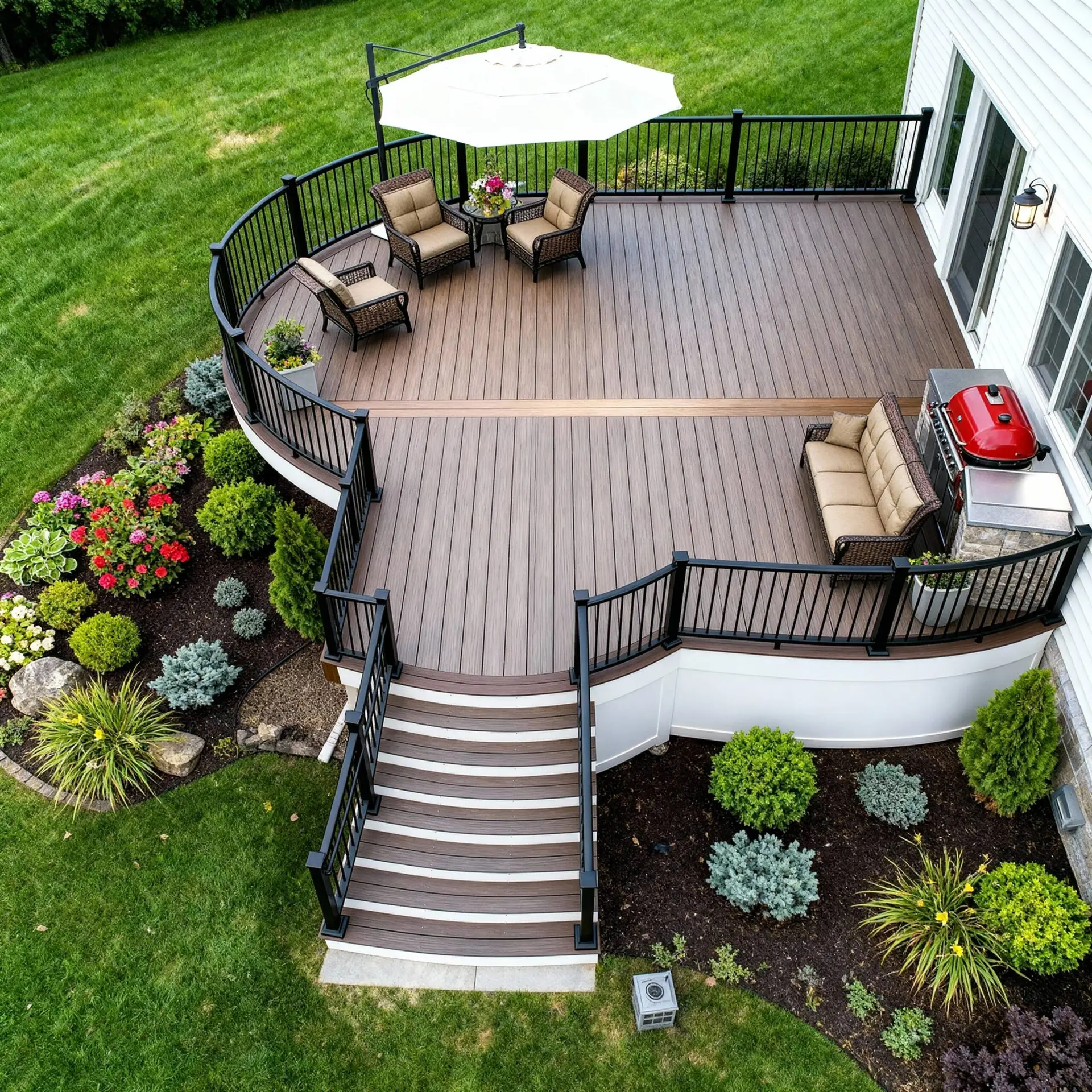 Backyard composite deck with dining set and umbrella