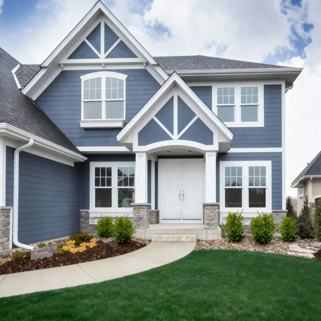Blue-gray home with board-and-batten gable - Skyline Exteriors - Skyline Exteriors Blue-gray home with white trim and board-and-batten gable