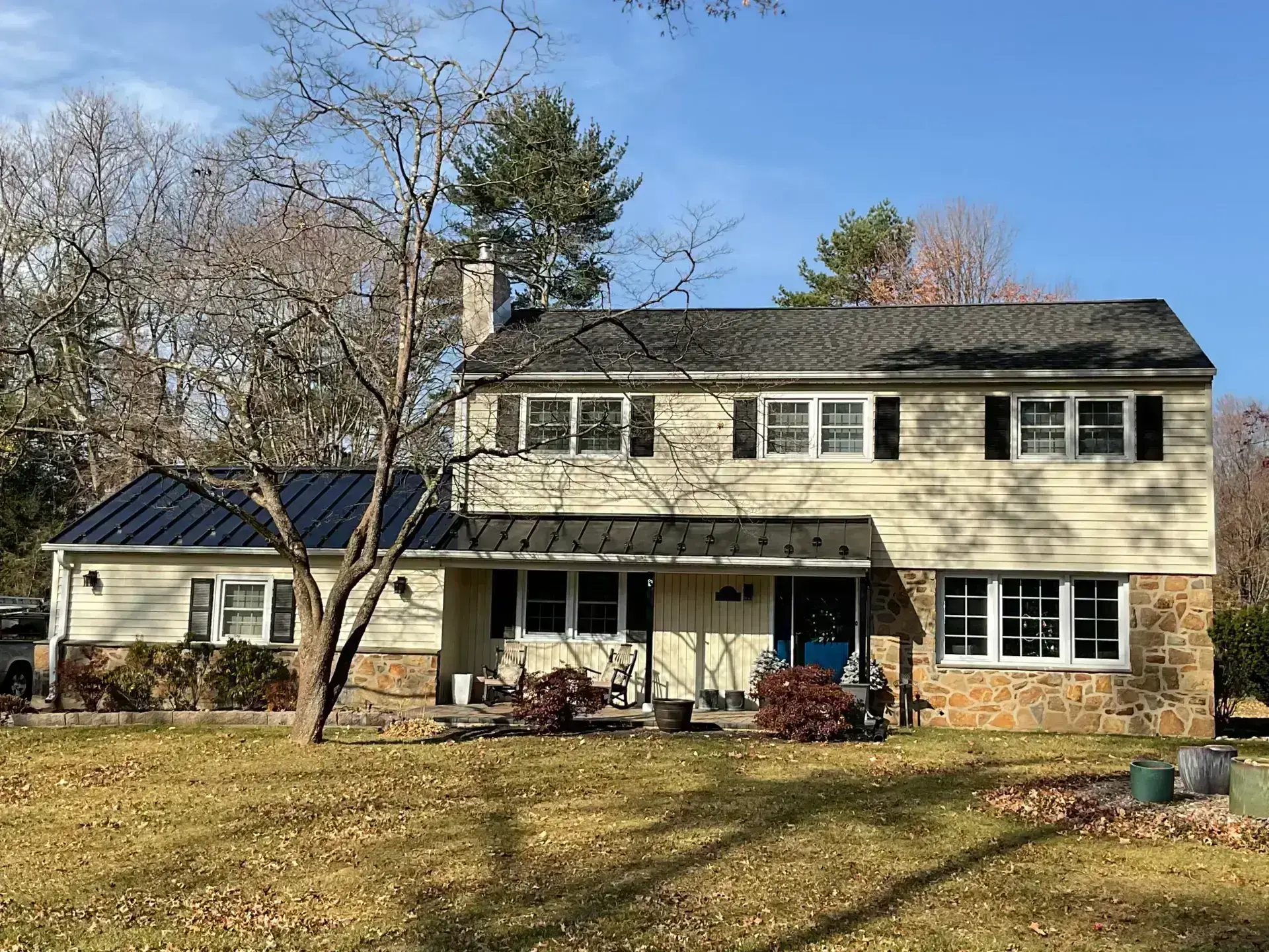 Stone farmhouse with new architectural shingles - Skyline Exteriors - Skyline Exteriors Stone farmhouse with new architectural shingle roof