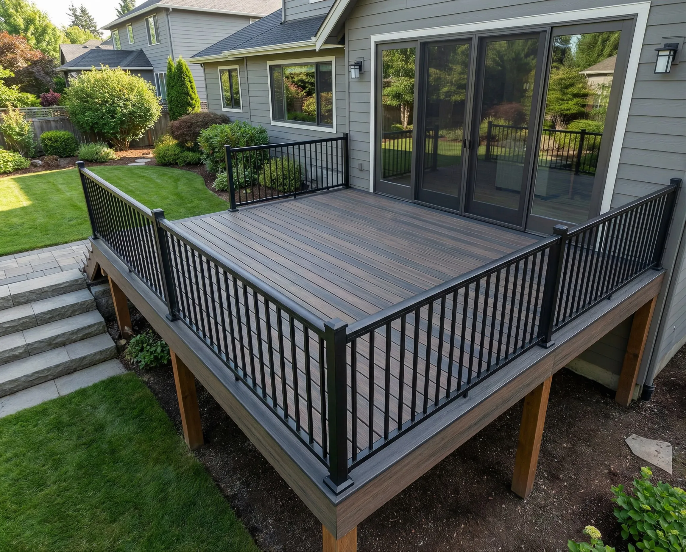 affordable-deck-installers-pa - Skyline Exteriors - Skyline Exteriors Elevated wooden deck with black railing attached to a gray house, featuring sliding glass doors and a manicured lawn with shrubs nearby.