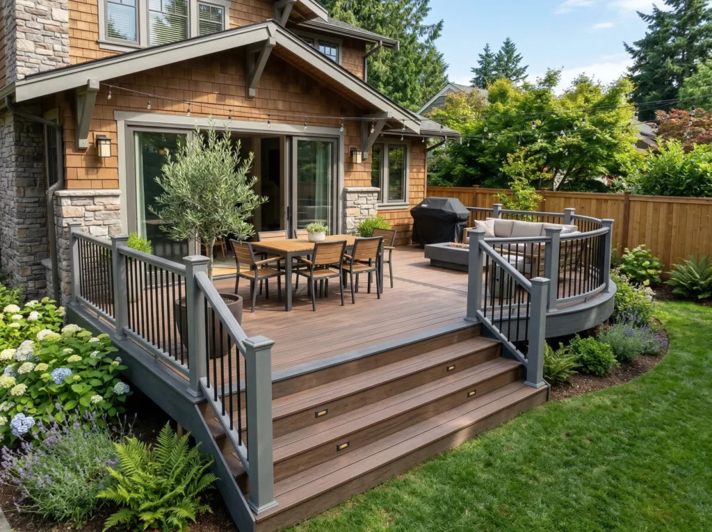 Wooden backyard deck connected to a house with string lights, a dining table and chairs, a grill, and surrounding greenery.