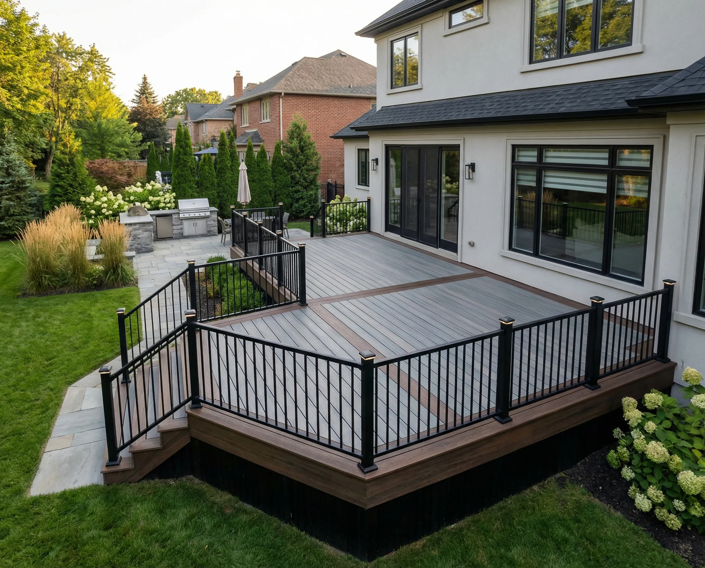 professional-deck-creators-pa - Skyline Exteriors - Skyline Exteriors Elevated wooden deck with black railing beside a modern gray house, patio furniture, and a lush lawn with shrubs and trees in the background.