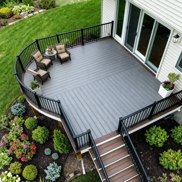 Aerial view of a composite deck with seating and landscaping