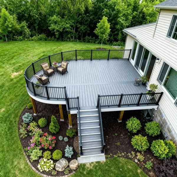 Aerial view of a curved composite deck with black railing