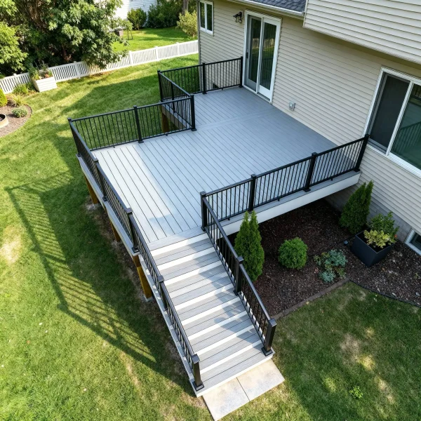 Aerial view of a gray composite deck with black railing and stairs