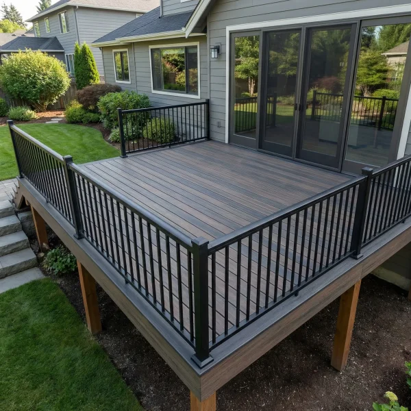 Elevated wooden deck with black railing attached to a gray house, featuring sliding glass doors and a manicured lawn with shrubs nearby.
