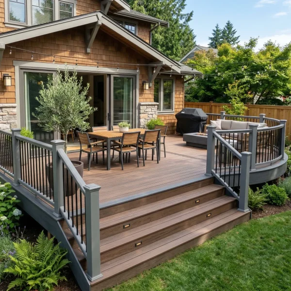 Backyard composite deck with dining set on a stone-front home
