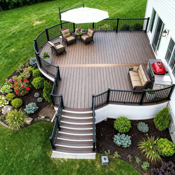 Backyard composite deck with dining set and umbrella