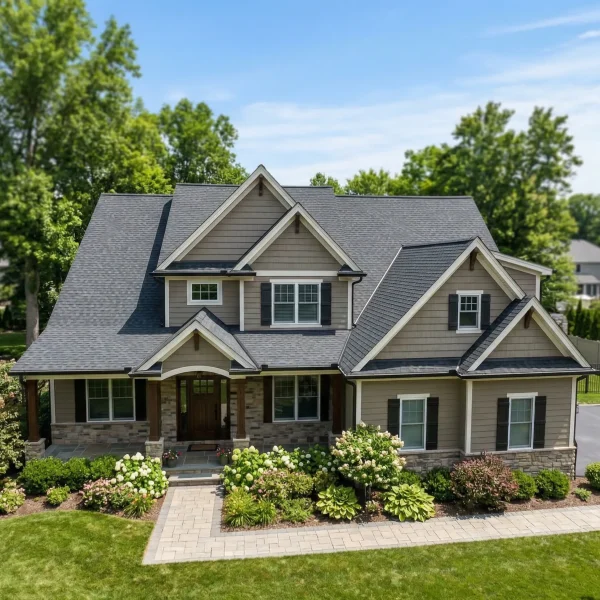 Two-story suburban house with gray shingles, a manicured front yard, and a blue sky above with trees.