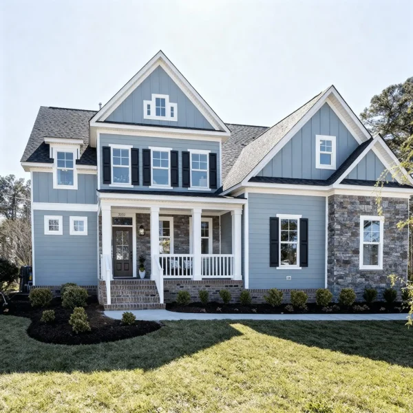 Blue-gray two-story home with new siding and covered porch