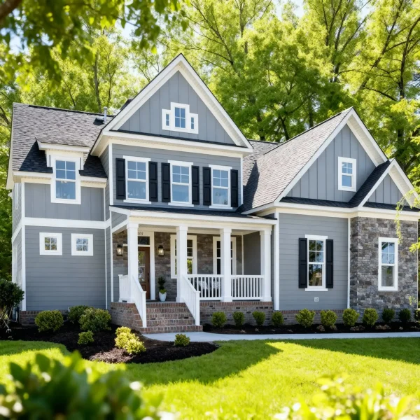 Blue two-story home with white trim and stone accents