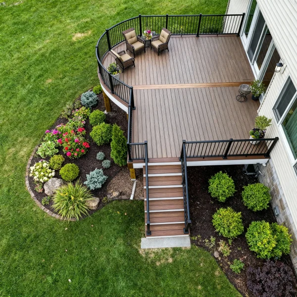 Bird's-eye view of a curved wooden deck with black railing, brown outdoor chairs, a small table with flowers, and surrounding green lawn.