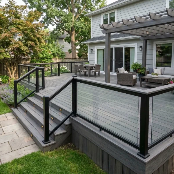 Modern multi-level wooden deck with glass railings and a pergola, outdoor dining table, and a seating area adjacent to a gray house with sliding doors.