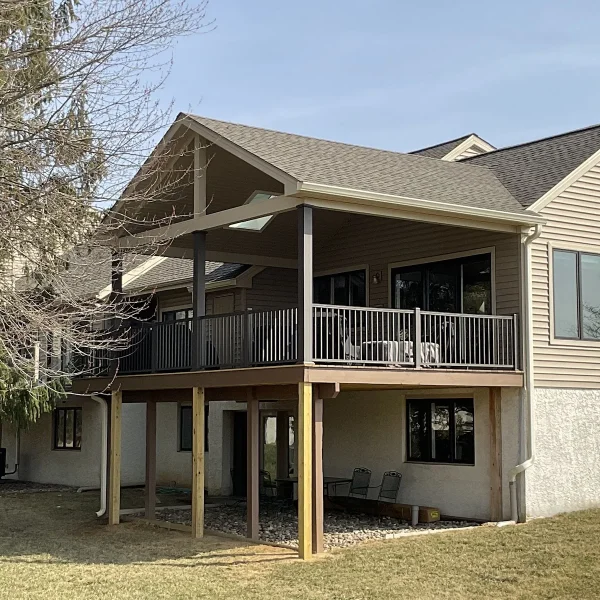 Covered second-story porch addition completed by an exterior remodeler in Radnor Township, PA.