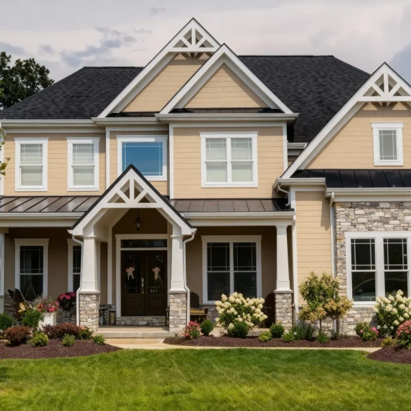 Two-story craftsman home with stone accents and dark roof