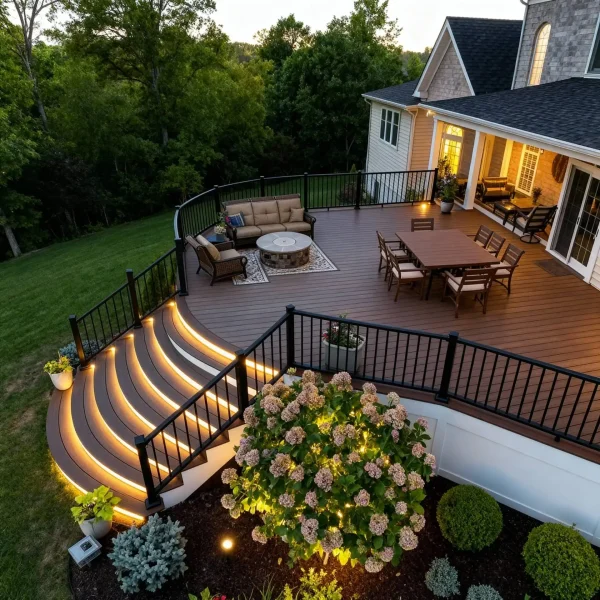Curved composite deck with lighting and landscaping at dusk