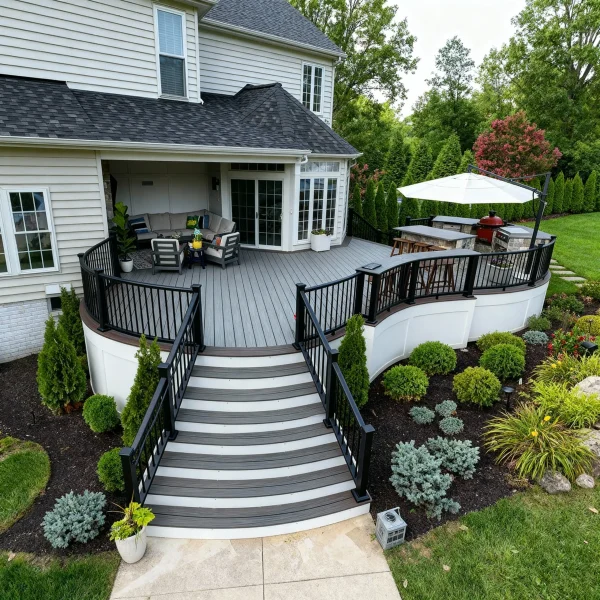 Curved gray composite deck with black railing and steps