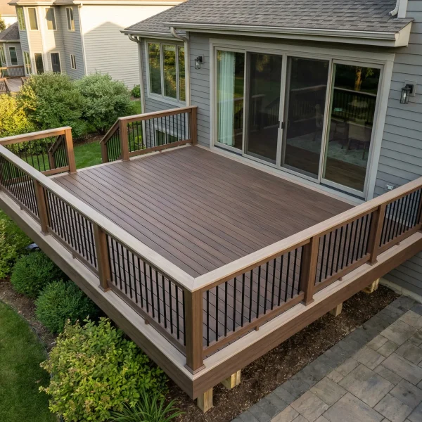 Backyard elevated wooden deck attached to a gray house with sliding glass doors and black metal railing.