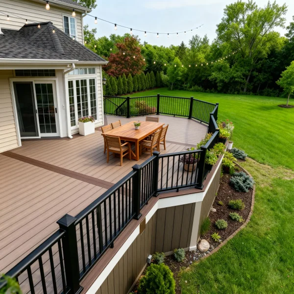 Backyard deck with a wooden dining table and chairs under string lights, adjacent to a beige house and lush green lawn.