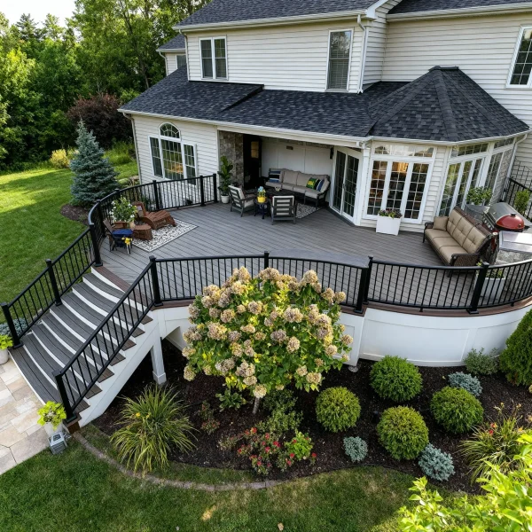 Backyard deck attached to a white house with large windows and outdoor seating amid lush landscaping and trees nearby.