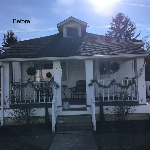Front porch of a single-story home before work by an exterior remodeler in St. Davids, PA.