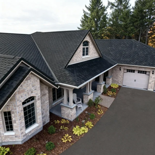 Aerial view of a stone house with a dark gray shingled roof, front porch, and landscaped front yard.