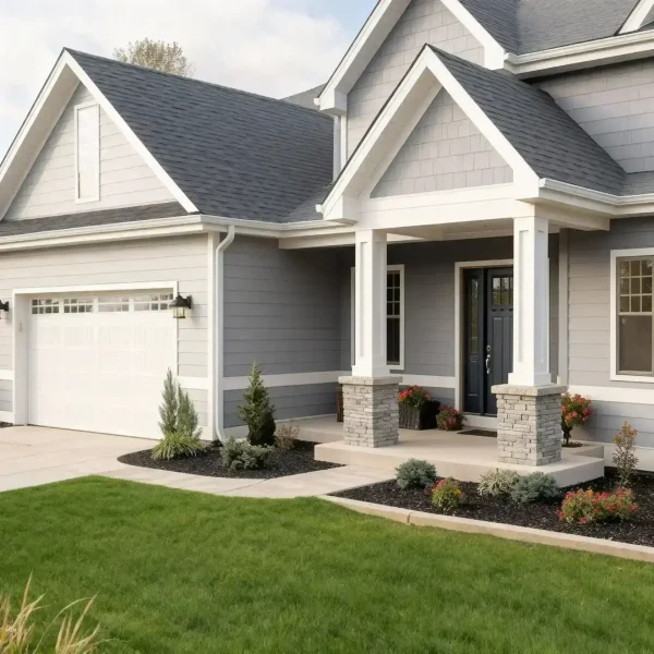 Gray home with white trim and covered front entry