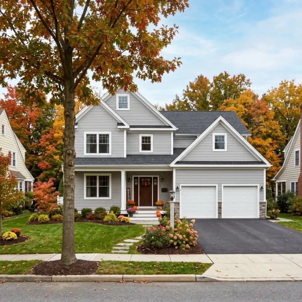 Front view of a gray suburban house with autumn leaves on trees and pumpkins on the porch steps.