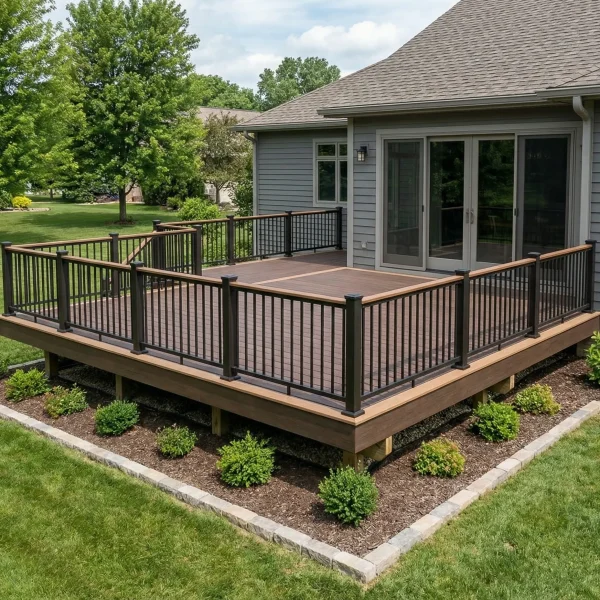 Backyard wooden deck attached to a gray house with sliding doors, black railing, and green lawn nearby.