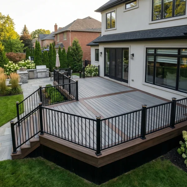 Backyard deck attached to a modern house, with black railing, sliding glass doors, and a built-in grill area surrounded by shrubs and trees.