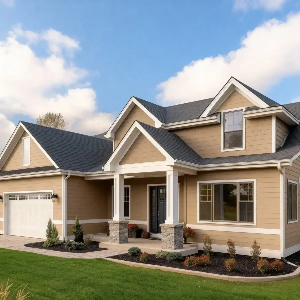 Tan two-story home with stone accents and attached garage