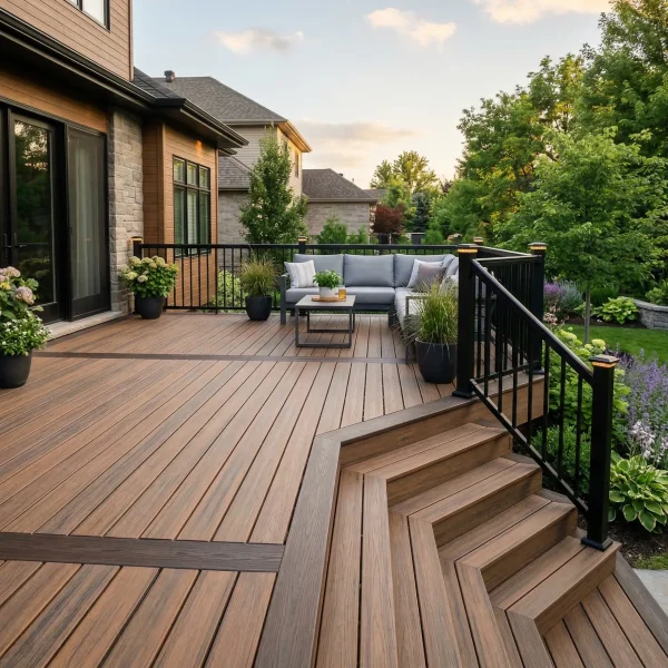 Outdoor wooden deck at a modern home with a gray sectional sofa, coffee table, and potted plants; lush garden beyond the black railing.